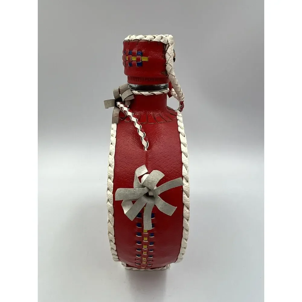 Vintage Leather‎ Braid Wrapped Covered Bottle/Decanter Hearts Red Folk Art